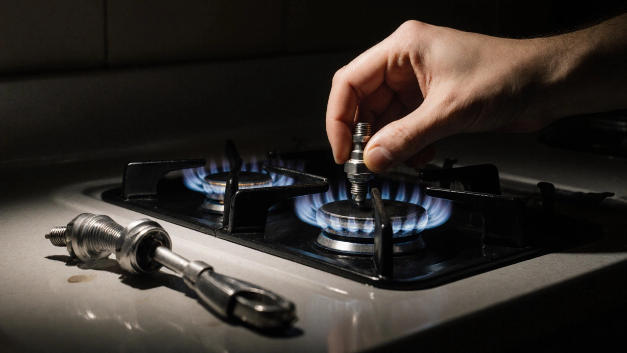 Hand replacing a thermocouple on an open gas hob with tools laid out.
