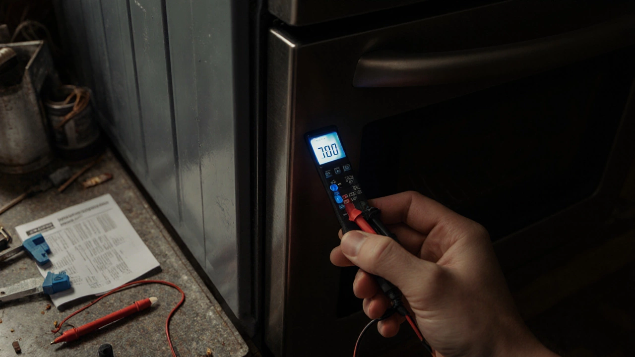 Hand testing oven door switch with multimeter in dim kitchen light