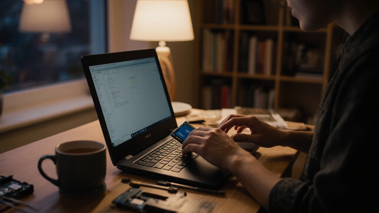 Hands installing an SSD into an old laptop in a quiet home workspace at dusk.