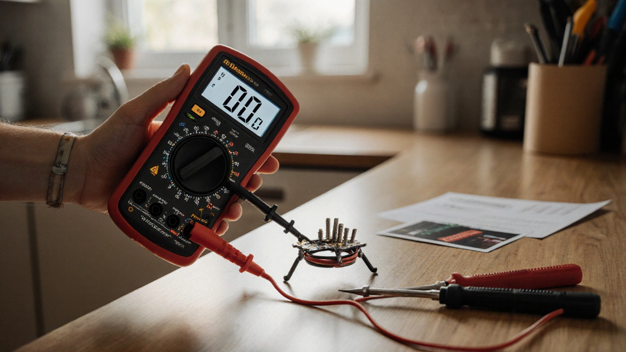 Multimeter showing open loop reading while testing an oven element on a workbench.