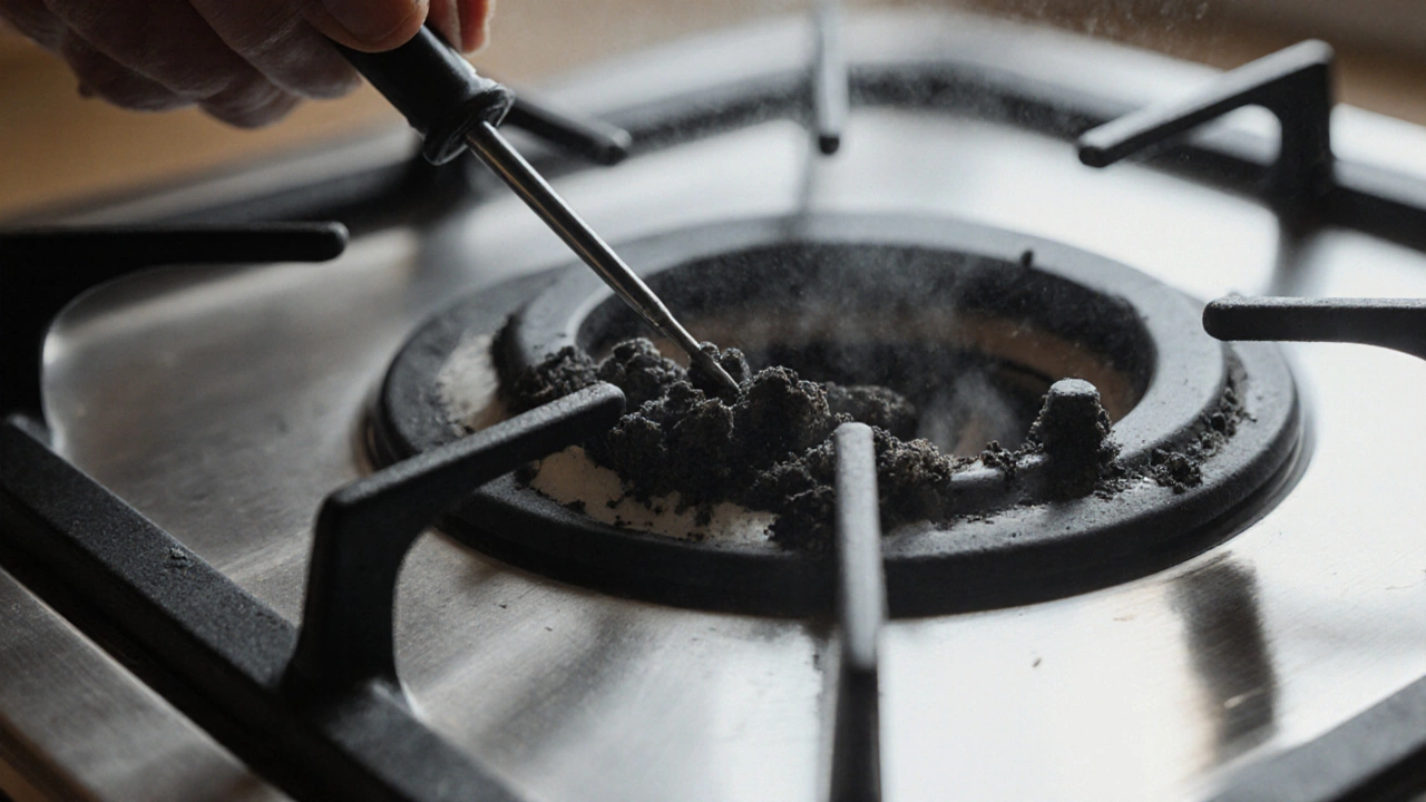 Needle clearing clogged gas port on a burner head with carbon deposits.