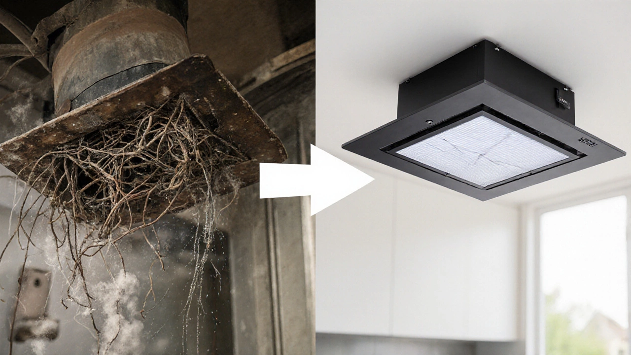 Old damaged fan next to a new modern fan, symbolizing replacement.