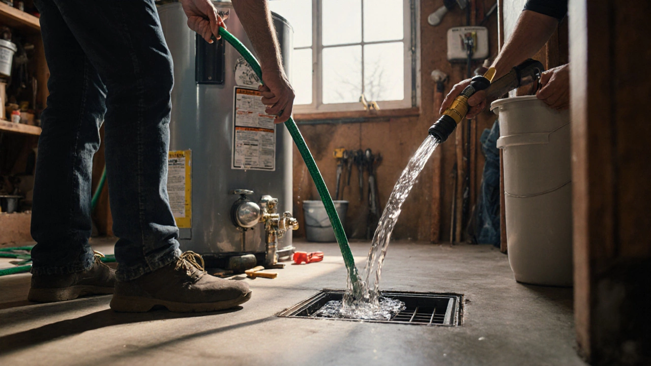 Person flushing water heater tank with garden hose connected to drain valve.
