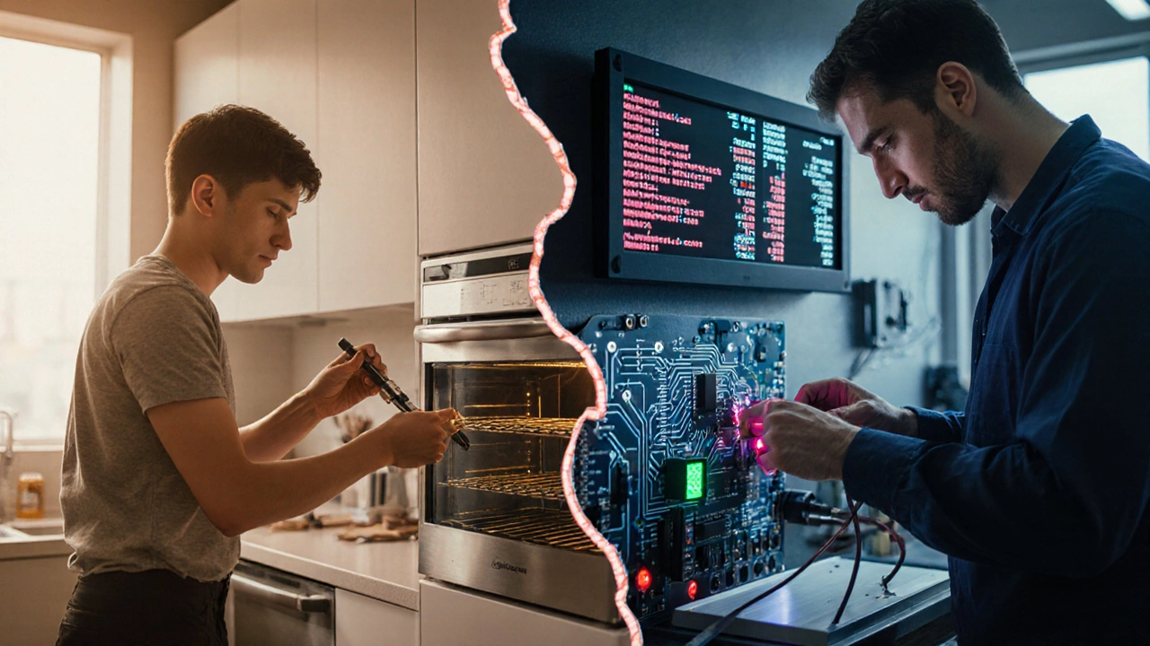 Split image: DIY repair vs professional technician diagnosing oven control board