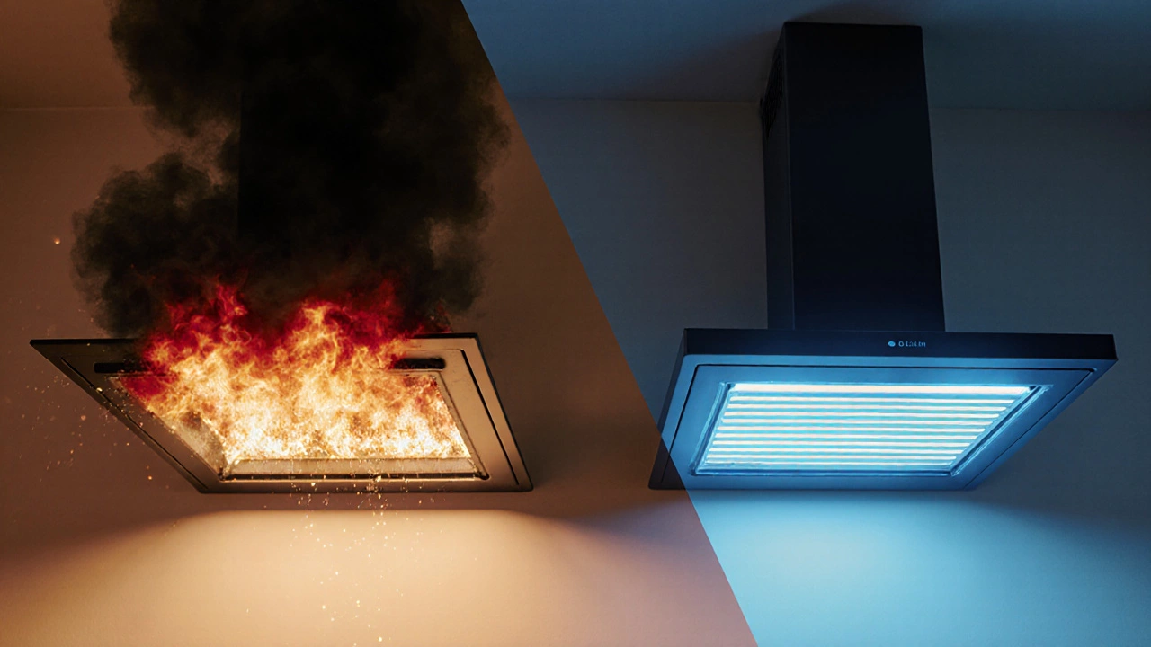 Split image: fire erupting from a dirty fan vs. clean fan with smooth airflow.