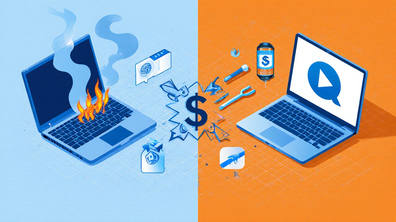 Split image showing an aging, overheating laptop versus a modern, efficient one.