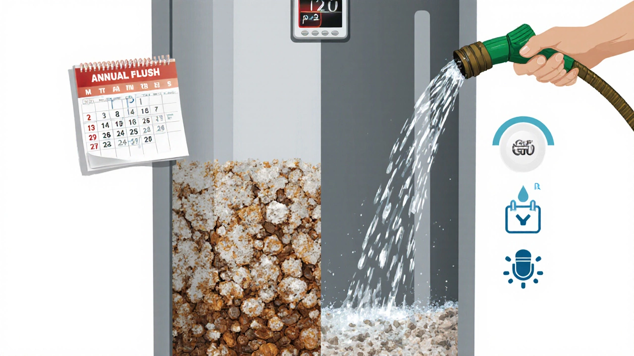 Split view of water heater with sediment buildup on one side and flushing clean water on the other.