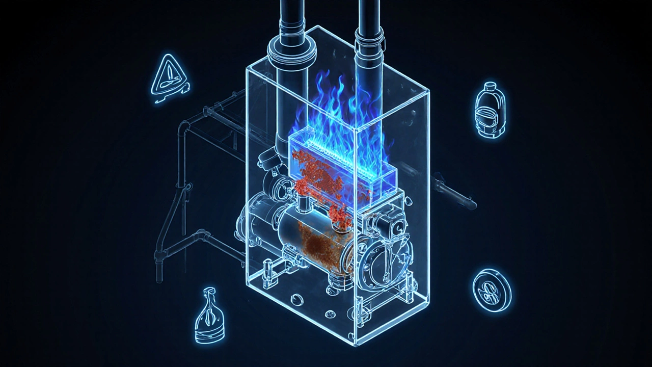 Transparent cutaway of a boiler showing blue flames, rust, and condensation with safety icons.