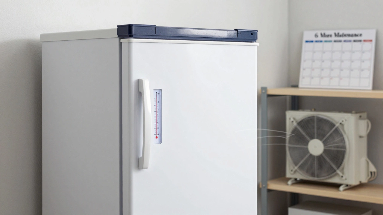 A clean freezer with proper airflow and thermometer reading 3°F in a well-organized garage.