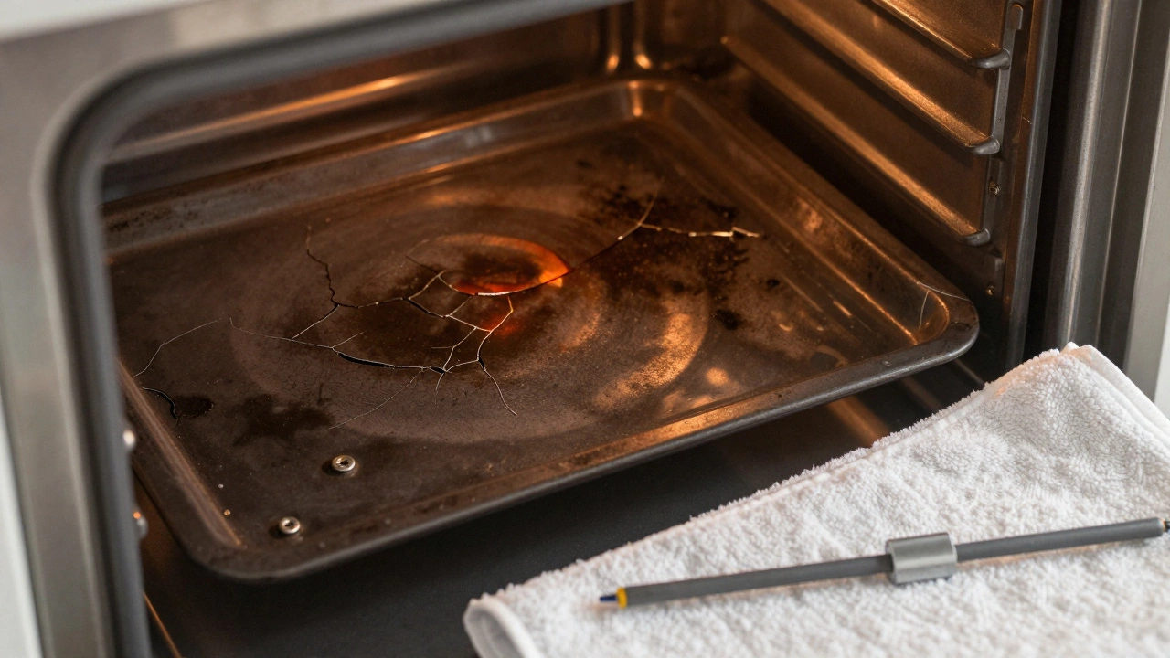 A damaged oven bake element with visible cracks and dark spots, beside a replacement part on a towel.