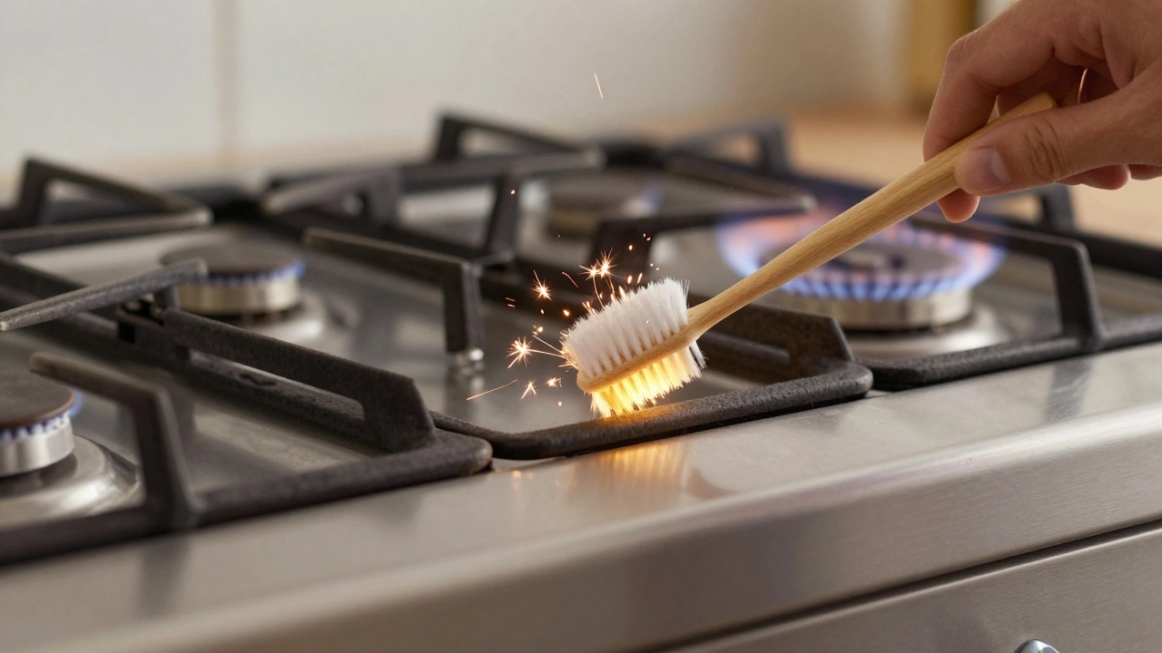 A gas oven igniter being cleaned with a toothbrush, with faint sparks and flame beginning to form.