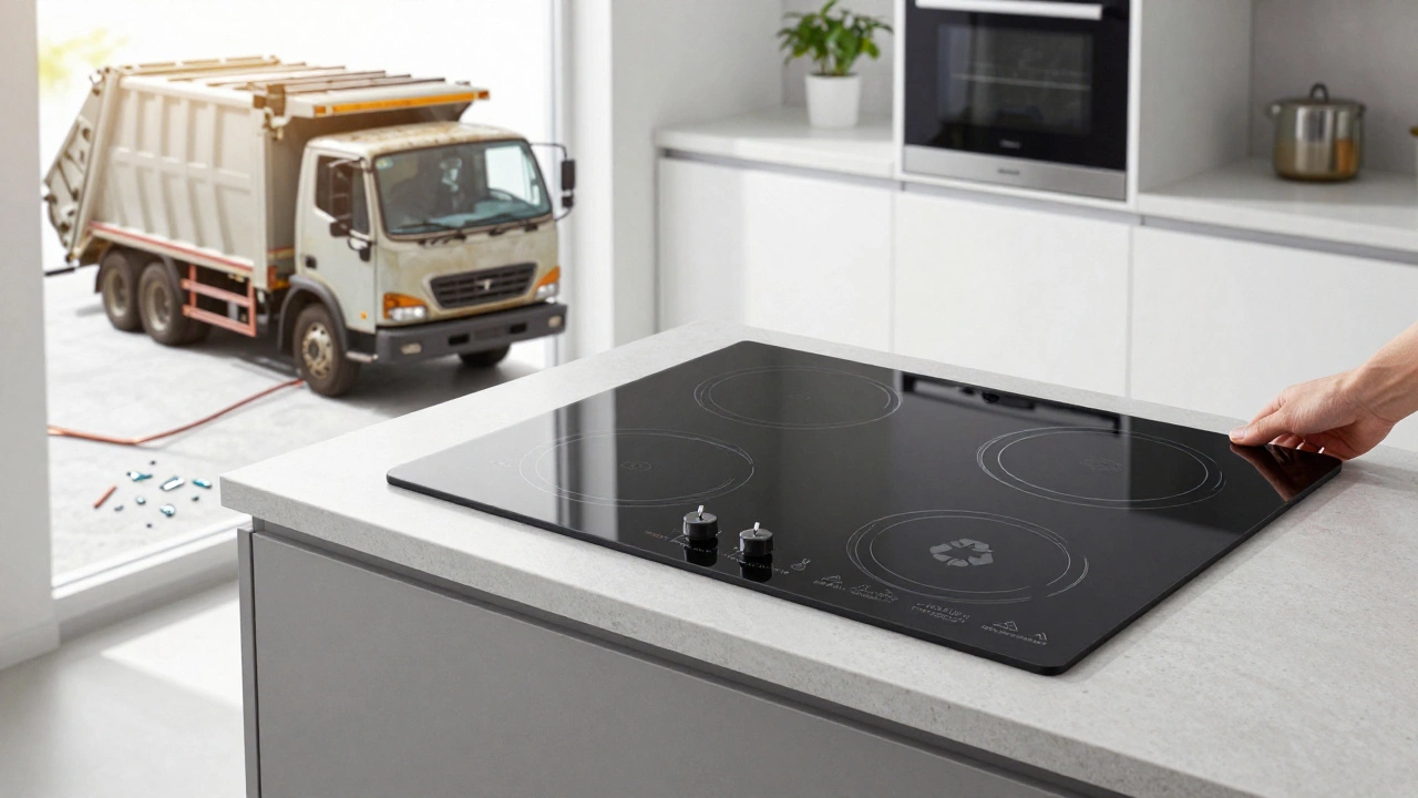 A new induction hob being installed as an old one is recycled, with sunlight and eco symbols.