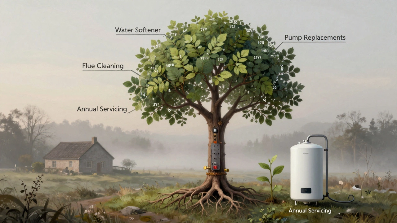 A symbolic tree representing a boiler's 50-year lifespan with maintenance elements as roots and branches.