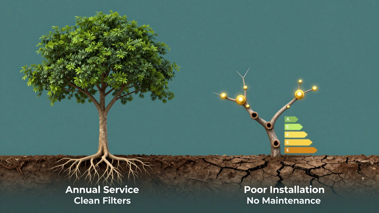 Conceptual tree showing heat pump lifespan divided by maintenance versus neglect.