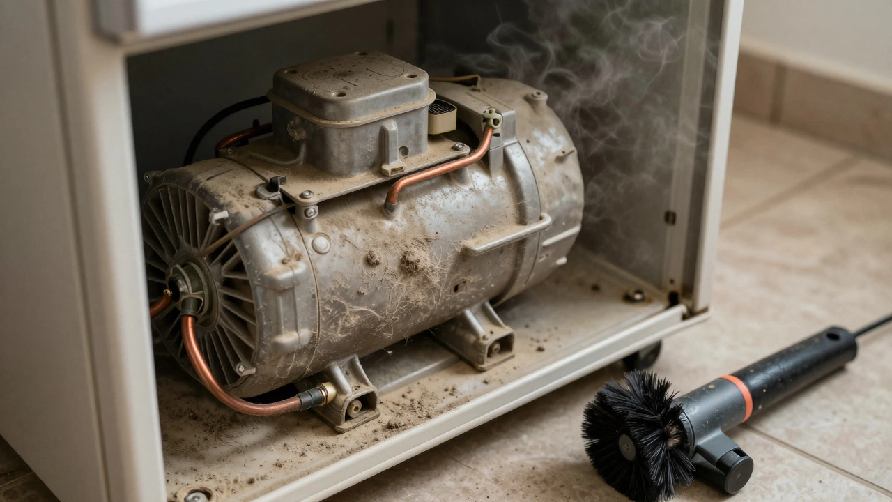Dusty compressor coils at the back of a fridge with cleaning tools nearby.