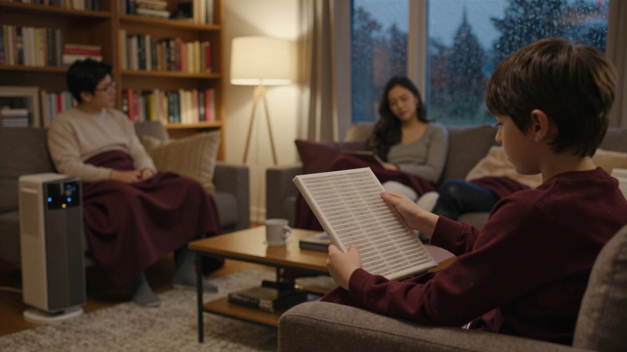 Family relaxing in a warm living room with a quiet heat pump running in the background.