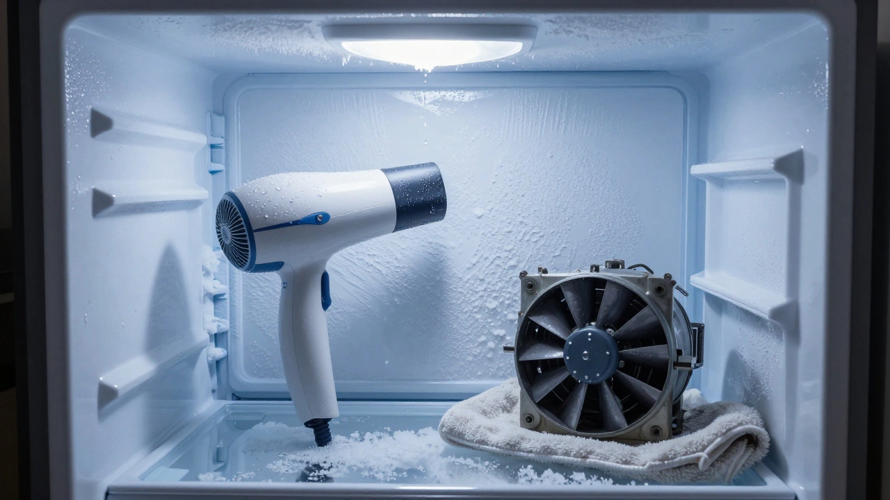 Frosted freezer wall with a hair dryer melting ice and a fan motor on a towel.