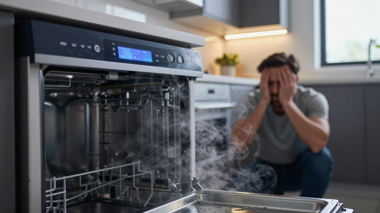 GE dishwasher with dark touchscreen and water pooling at the base.
