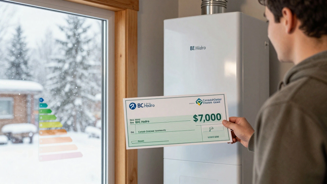 Homeowner holding a rebate check next to a new high-efficiency boiler.