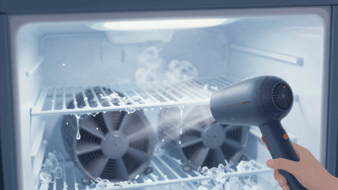 Inside a freezer showing ice melting from fan blades with a hairdryer at a safe distance.
