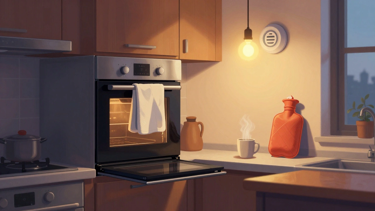 Kitchen with oven slightly open, towel over gap, hot water bottle and mug on table.