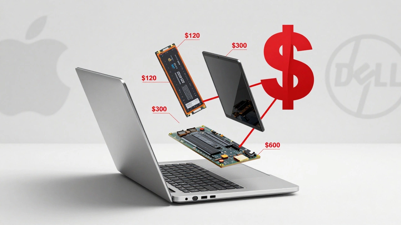 Laptop components floating apart with price tags, symbolizing costly repairs and proprietary design.