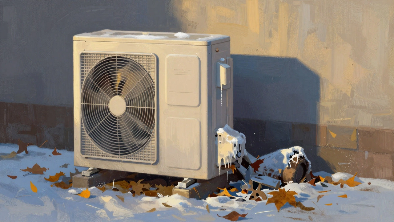 Outdoor heat pump with one side clean and the other clogged with leaves and ice.