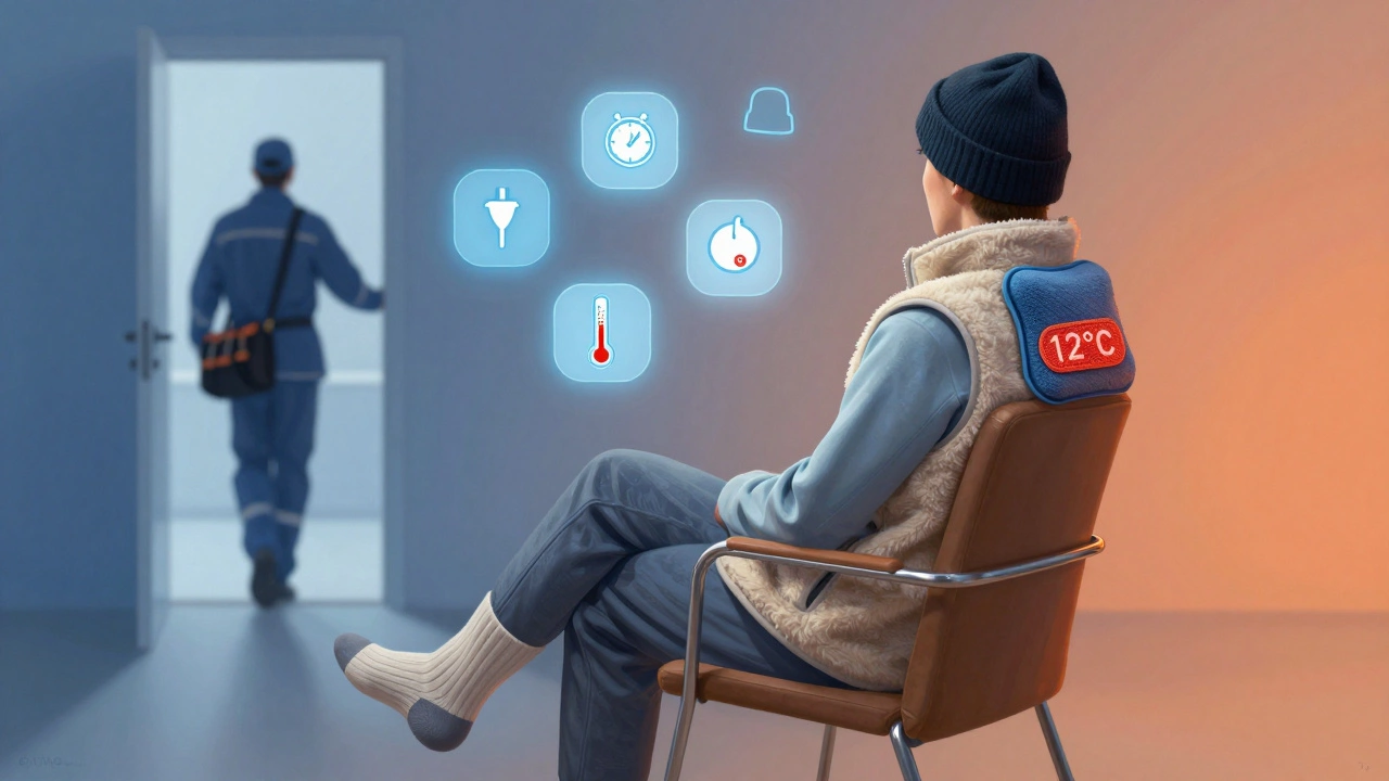 Person layered in warm clothing using a heating pad, surrounded by safety icons.
