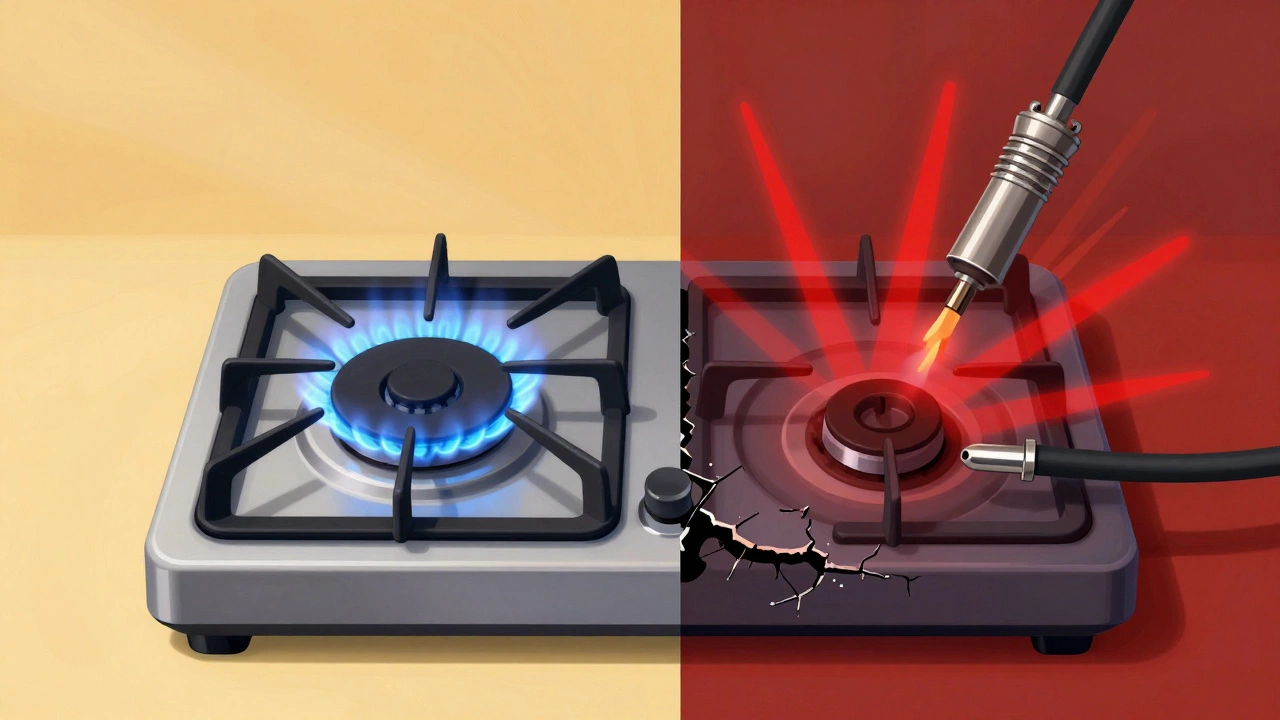 Split image: clean gas hob with blue flames vs. damaged hob with gas leaks.