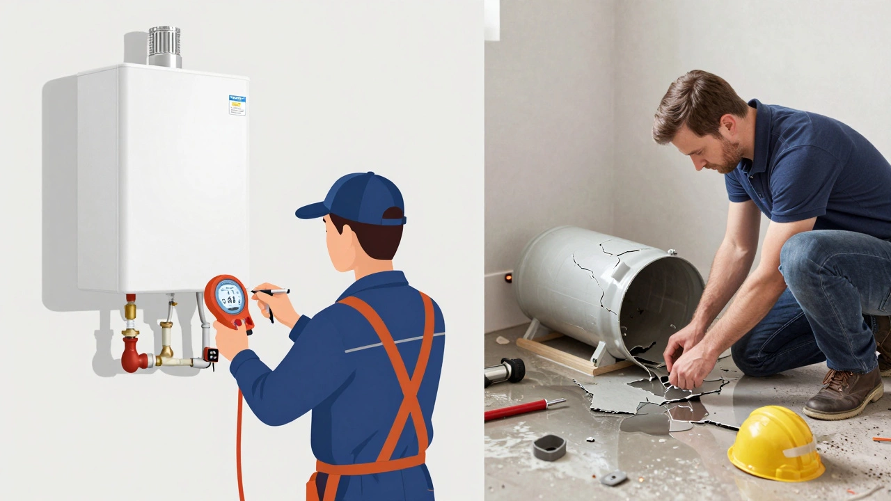 Split-screen: professional plumber inspecting water heater vs. DIYer with flooded basement.
