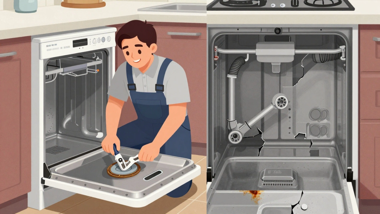 Split-screen showing repair of a young dishwasher versus damage in an old one.