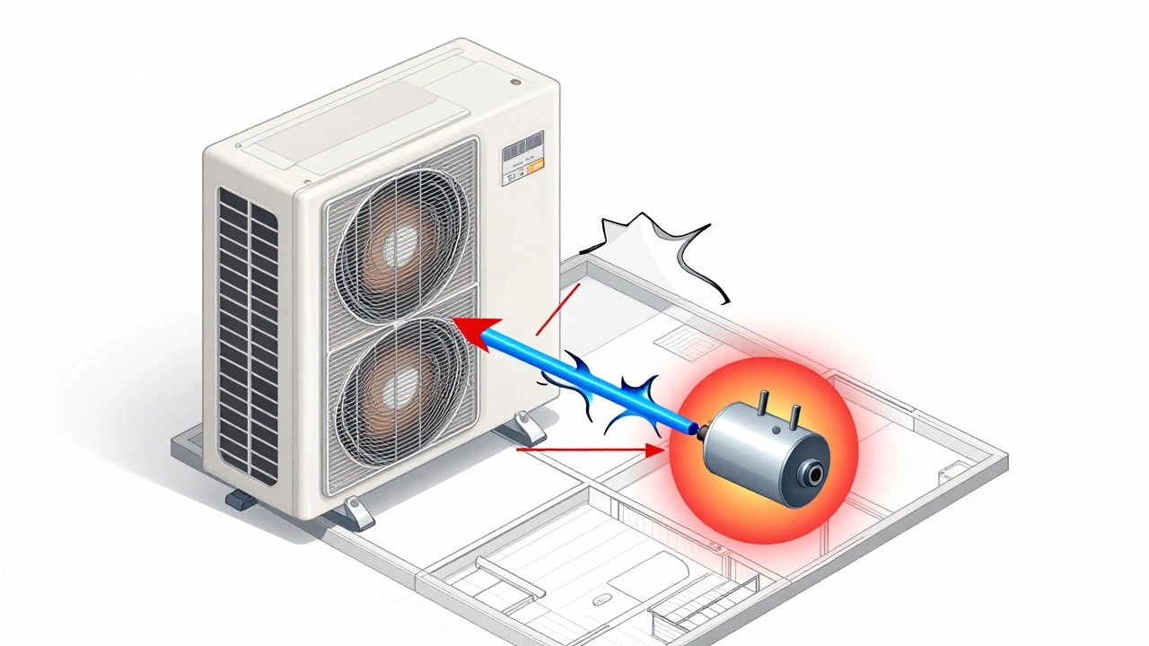 Technical diagram of heat pump components with warning indicators for common failures.