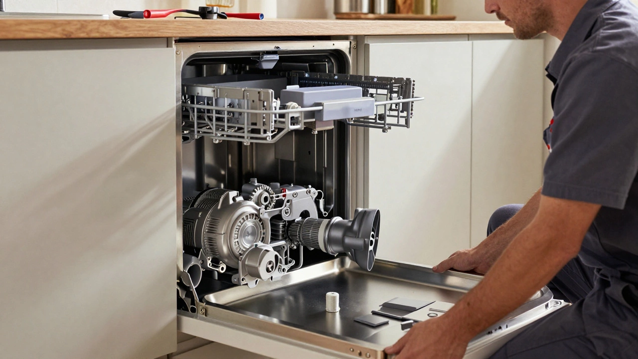 Technician removing Bosch dishwasher from cabinet to access internal pump.
