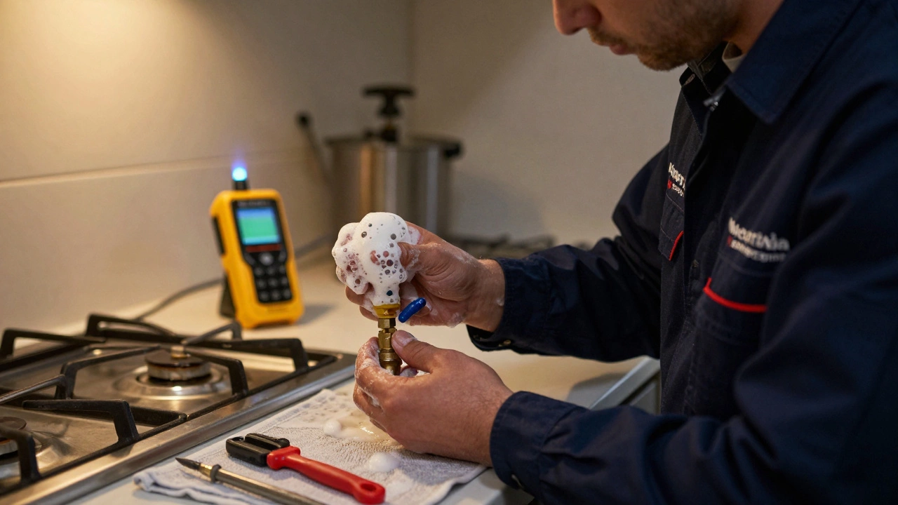 Technician testing gas valve with soapy water, bubbles indicating a leak.