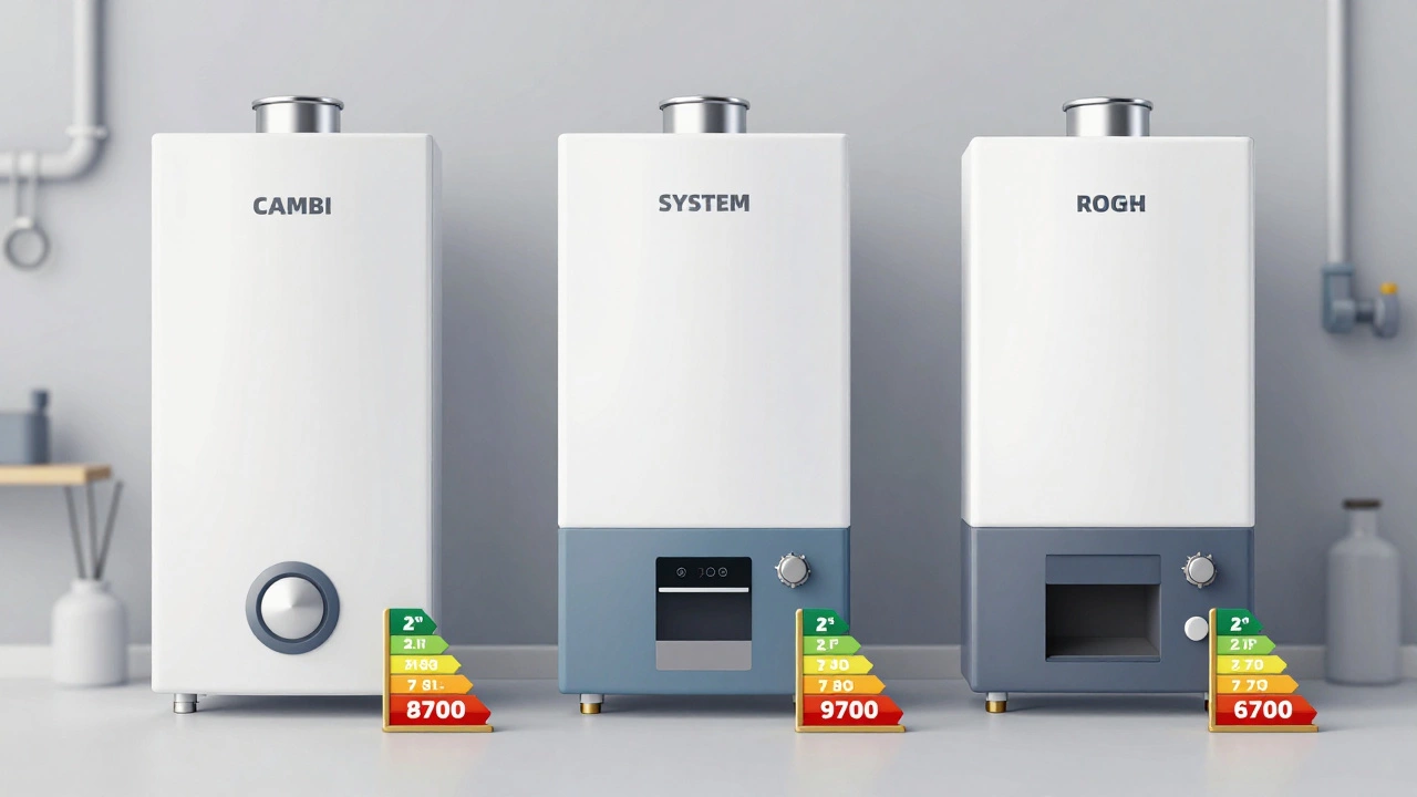 Three types of boilers displayed with price and efficiency labels in a workshop.