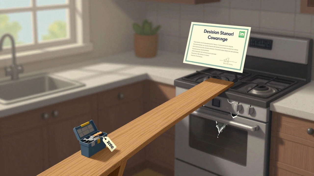 A branching decision path in a kitchen, showing repair versus replacement options with visual symbols of cost and efficiency.