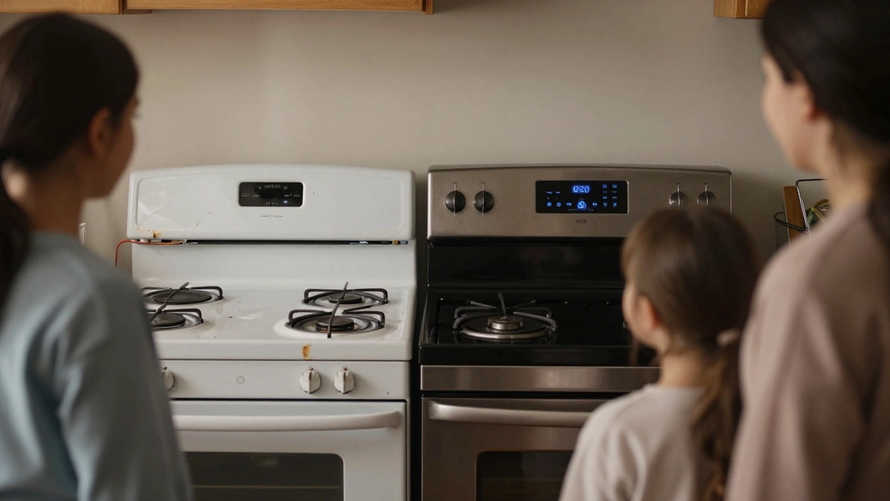 A family comparing an old, damaged stove with a modern energy-efficient replacement in their kitchen.