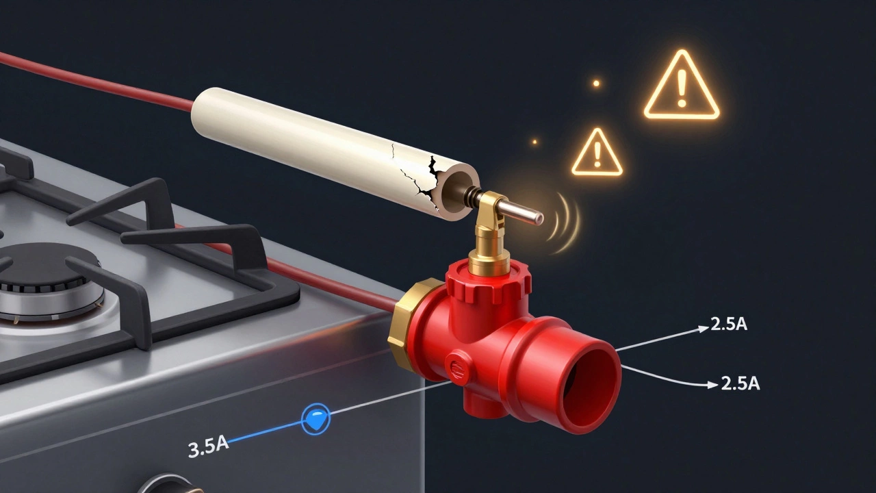 Cross-section of oven system showing weak igniter and closed gas valve with fading electrical current.