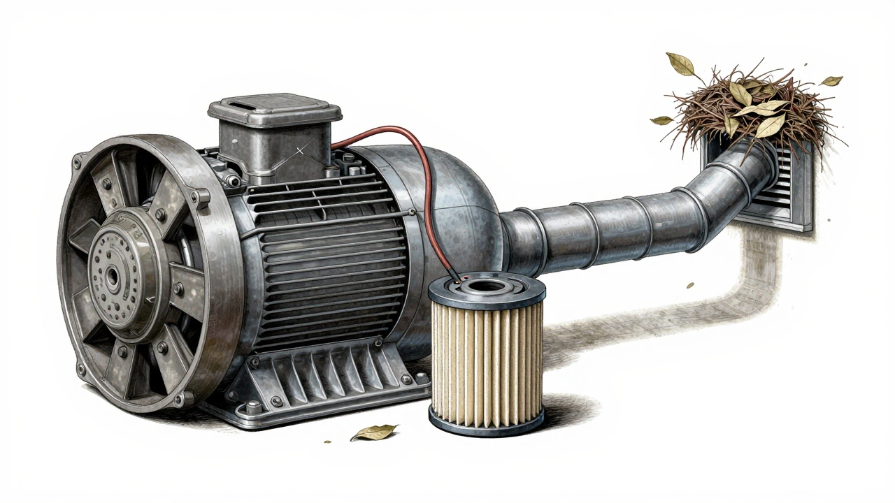 Cutaway diagram of extractor fan showing capacitor, motor, and blocked duct.
