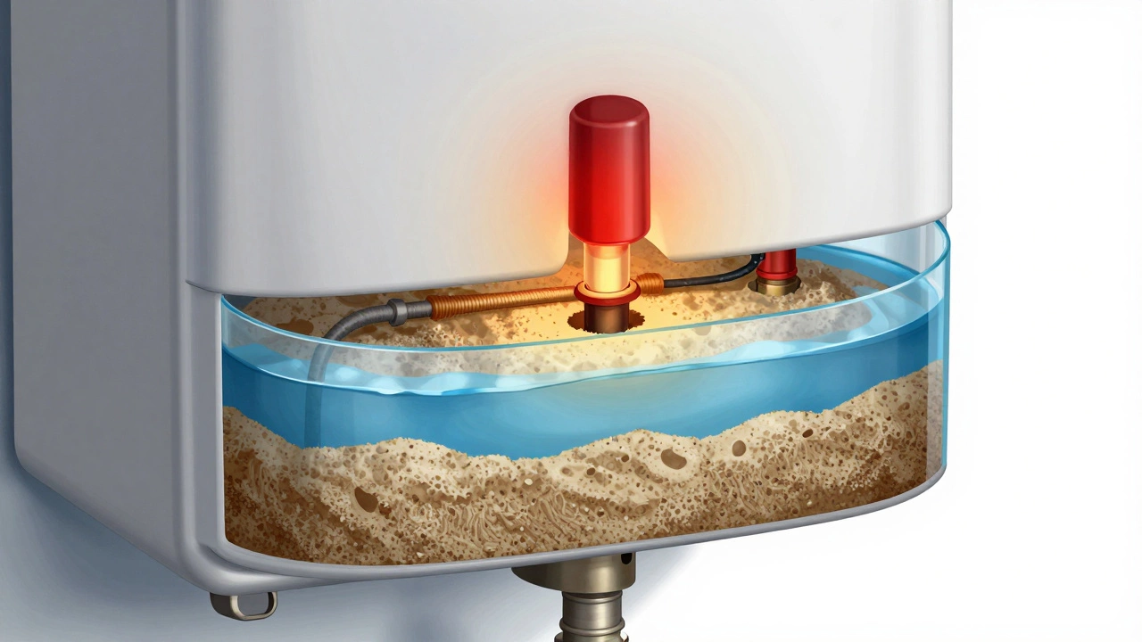 Cutaway view of a water heater showing burnt heating element and thick sediment buildup at the bottom.