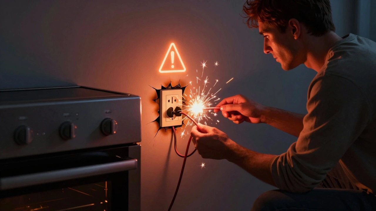 Dangerous DIY oven installation with sparks and damaged outlet, highlighting electrical hazards.
