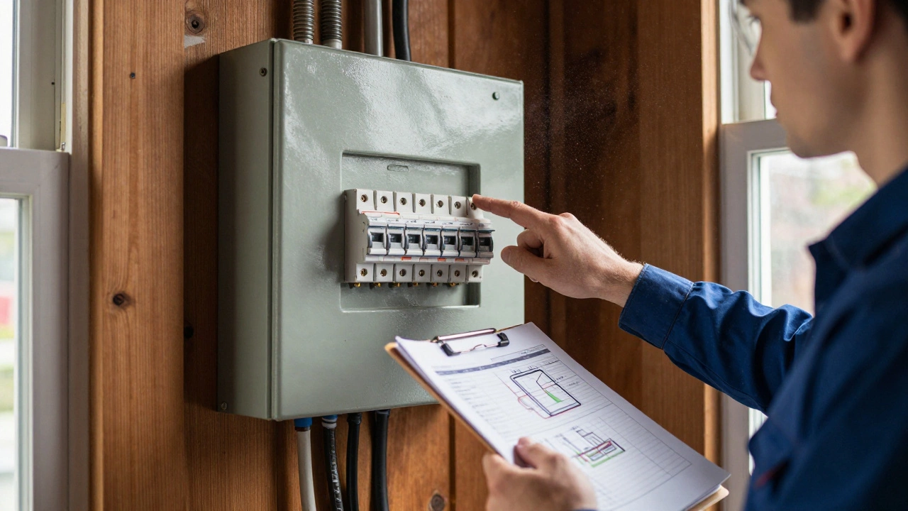 Electrician inspecting an old electrical panel in a vintage kitchen with tools and checklist.
