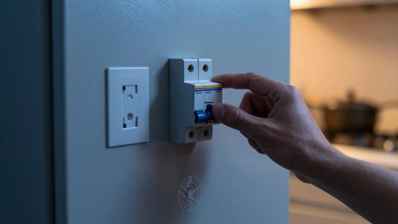 Hand turning off kitchen circuit breaker with GFCI outlet glowing faintly.