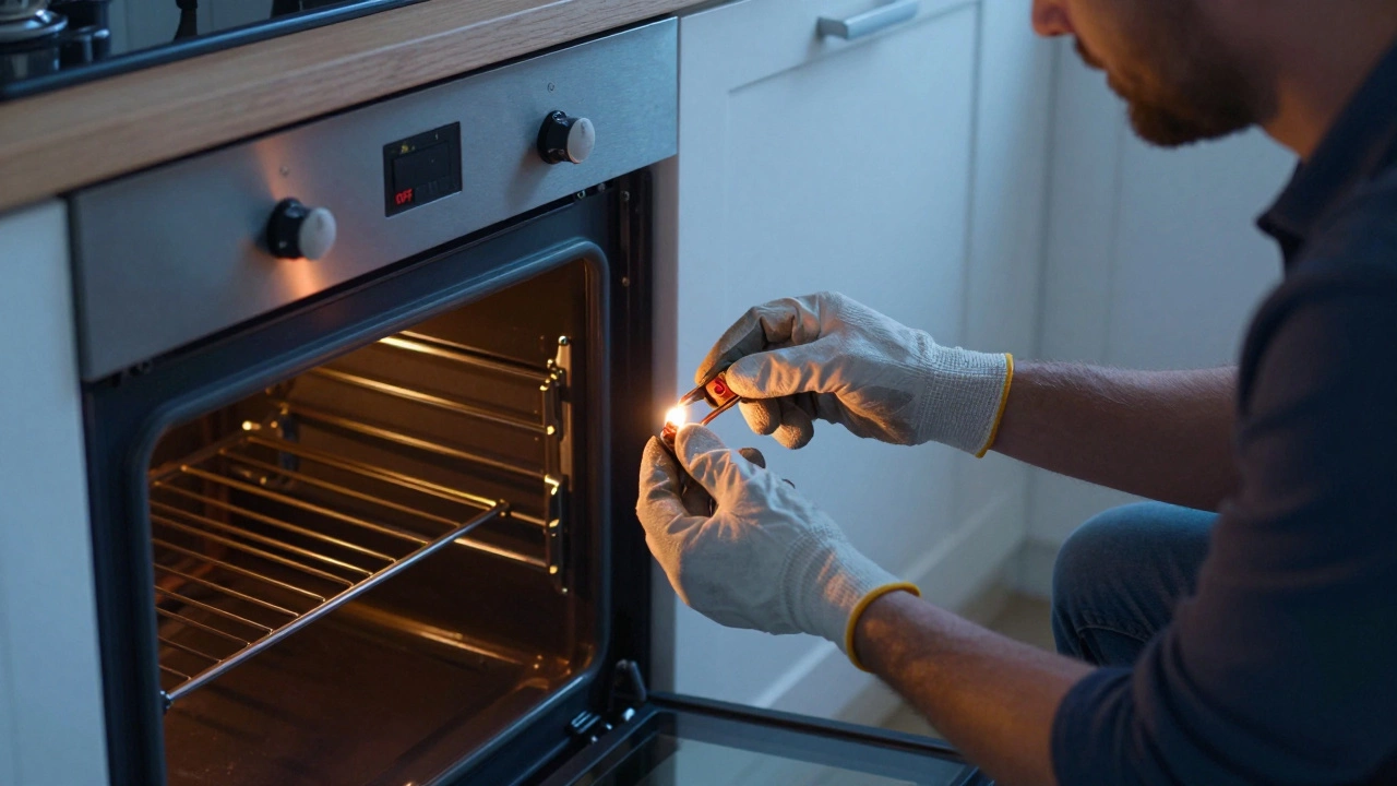 Homeowner replacing an oven element with power turned off and back panel removed