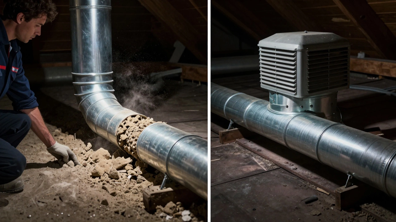 HVAC technician inspecting a clogged, kinked duct in an attic compared to a proper metal duct run.