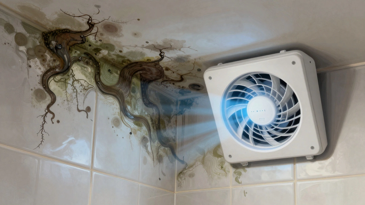 Mold spreading behind bathroom tiles due to poor ventilation, contrasted with a clean, modern extractor fan.
