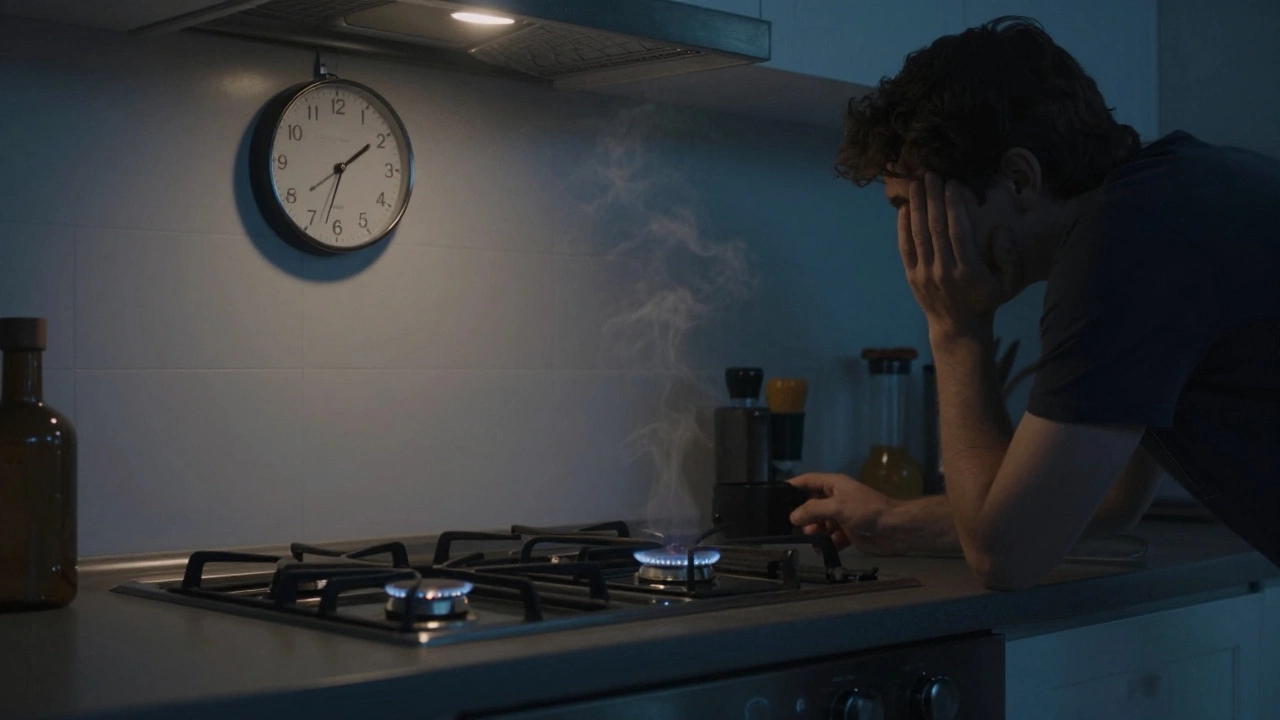Person standing by a gas oven with no flame, clock showing long ignition time, implied gas leak.
