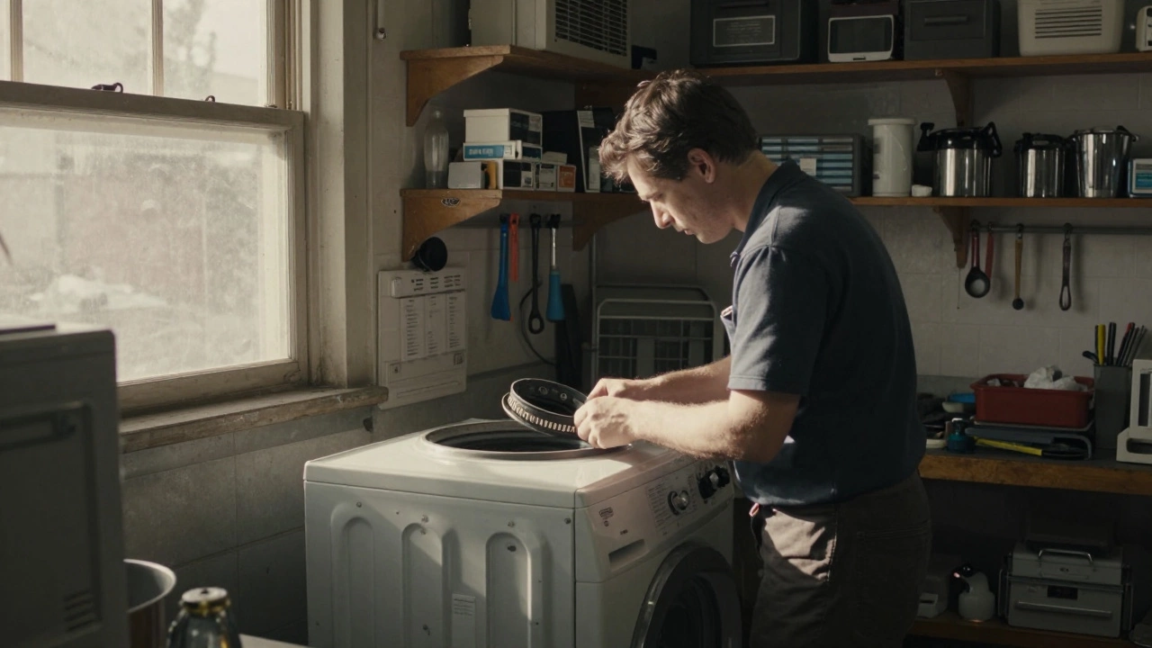 Repair technician working on a dryer in a well-organized garage workshop