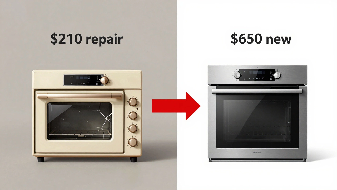 Side-by-side comparison of old broken oven versus new modern oven