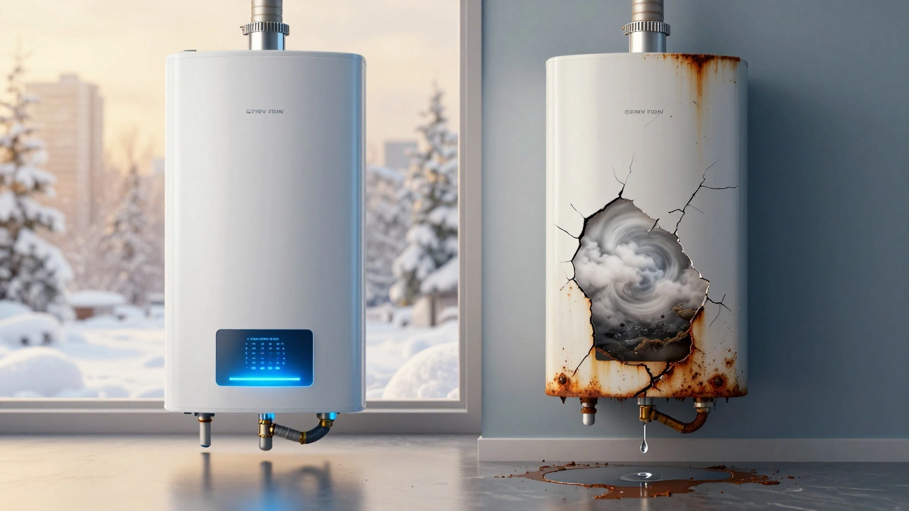 Split image of a new water heater on the left and a corroded, leaking one on the right, symbolizing aging.